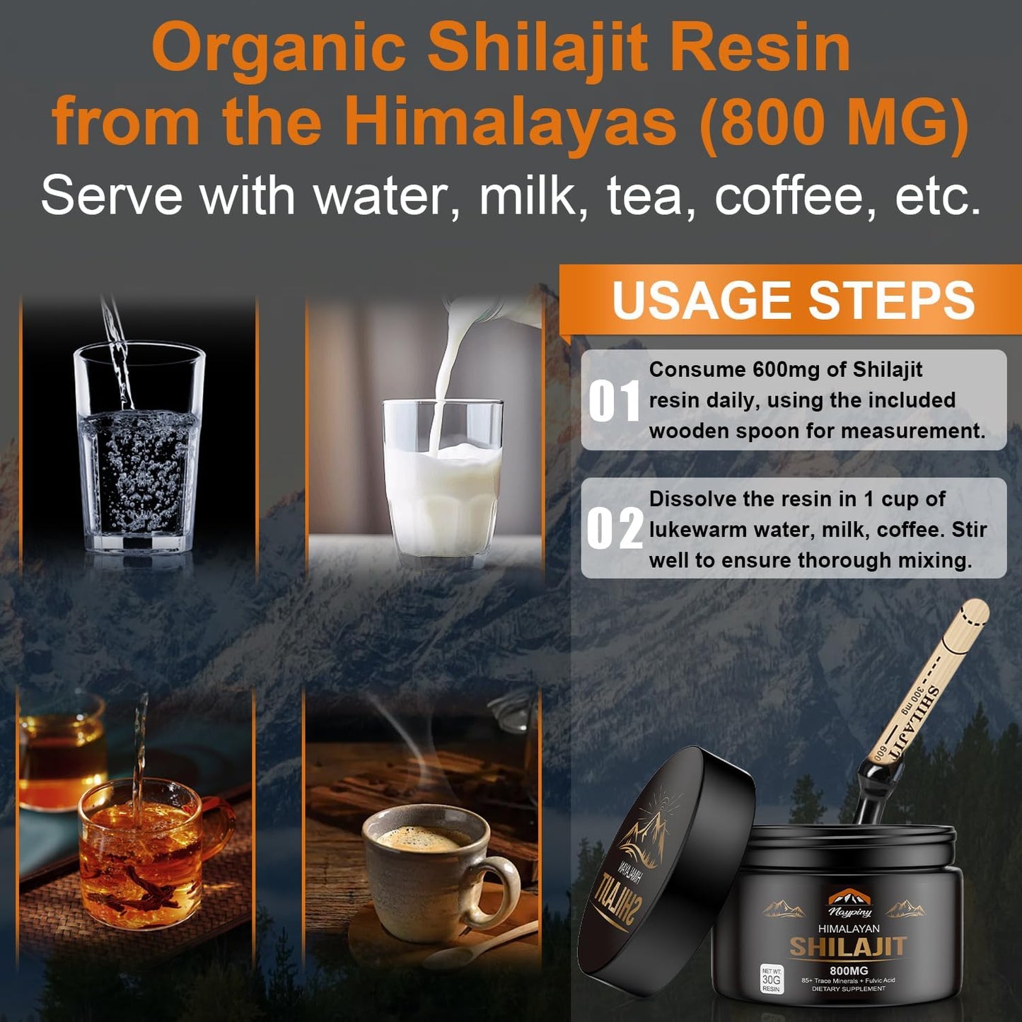 Shilajit Pure Himalayan Organic Resin - 800mg Gold Grade Shilajit Resin with 85+ Trace Minerals Complex for Energy, Strength & Immunity