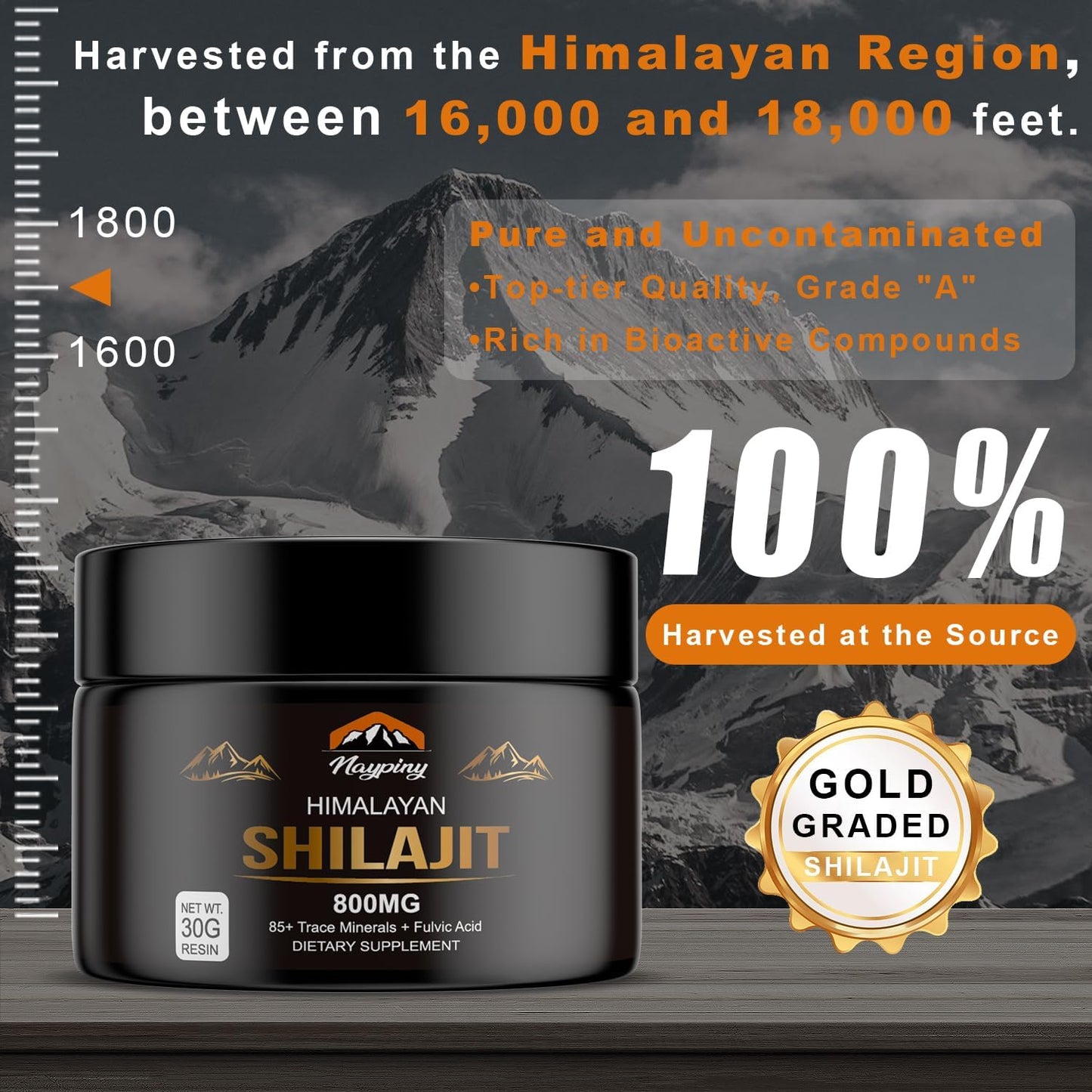 Shilajit Pure Himalayan Organic Resin - 800mg Gold Grade Shilajit Resin with 85+ Trace Minerals Complex for Energy, Strength & Immunity