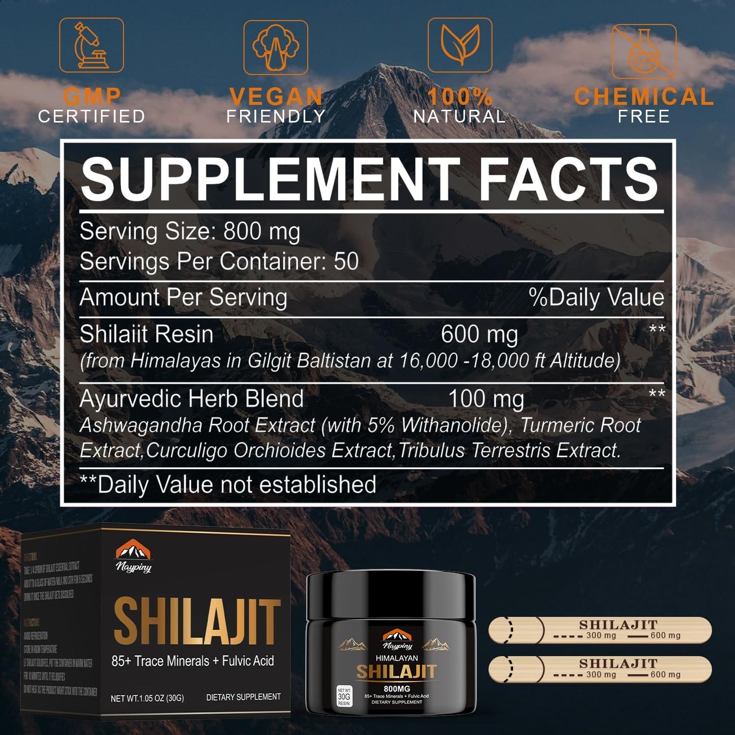 Shilajit Pure Himalayan Organic Resin - 800mg Gold Grade Shilajit Resin with 85+ Trace Minerals Complex for Energy, Strength & Immunity