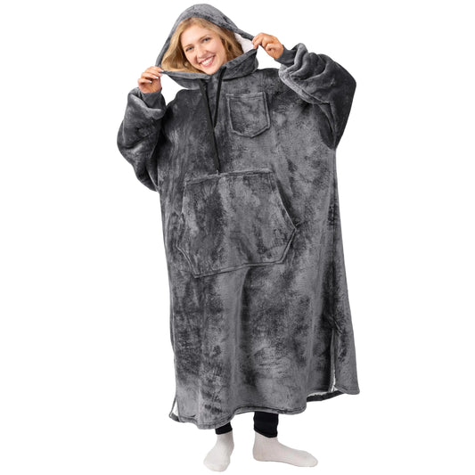 PAVILIA Blanket Hoodie for Women Grey Sherpa Wearable Blanket Men Cozy Oversized Sweatshirt Blanket Warm Fleece Hooded Blanket Sweater with Sleeves and Giant Pocket Adult Long Gray