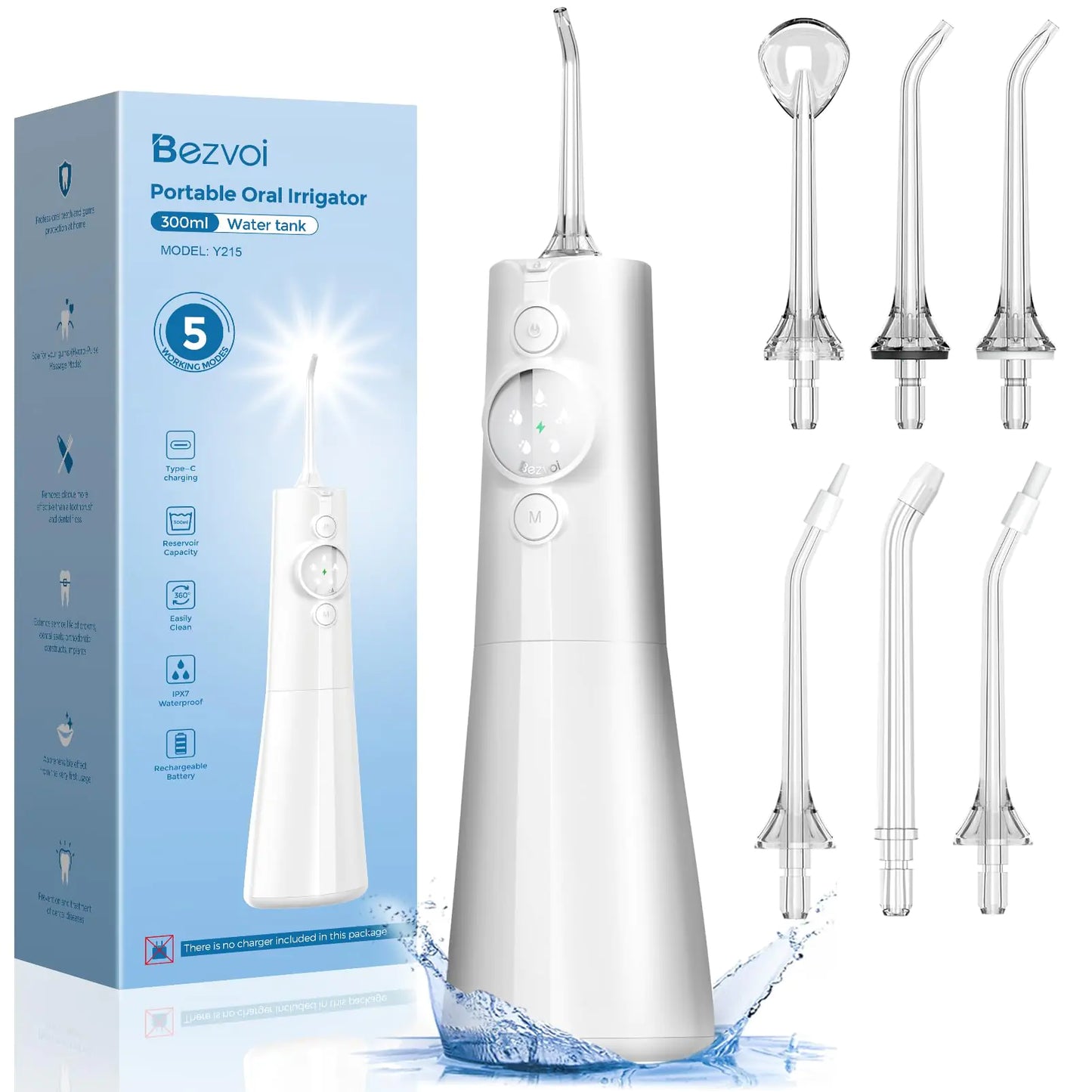 Bezvoi Water Dental Flosser Cordless: Professional Water Floss LED Display 5 Modes 300ML Water Tank IPX7 Waterproof Portable Oral Irrigator with 6 Jet Tips for Travel Home (White)