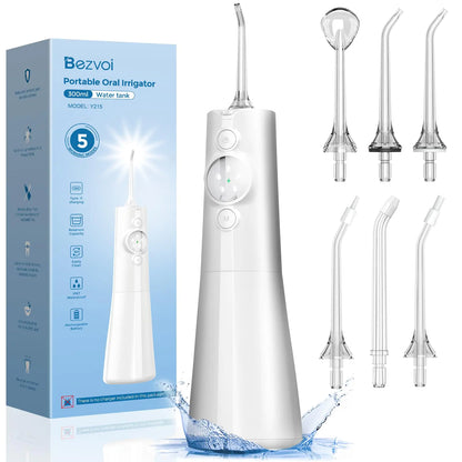 Bezvoi Water Dental Flosser Cordless: Professional Water Floss LED Display 5 Modes 300ML Water Tank IPX7 Waterproof Portable Oral Irrigator with 6 Jet Tips for Travel Home (White)